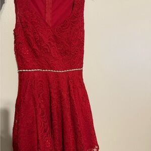 Elegant Red Lace Dress with Pearl Detail